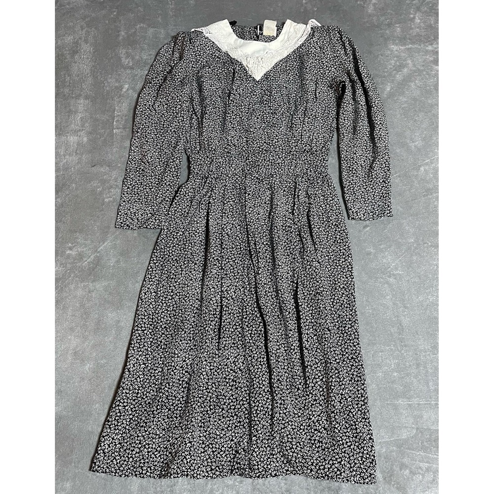 Vintage Stuart Alan Petites Dress Womens 8 Black Floral Lace Collar Cottagecore